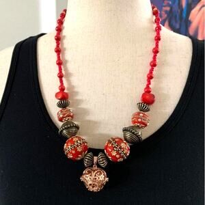 Red Boho statement beaded necklace hand made one‎ of a kind